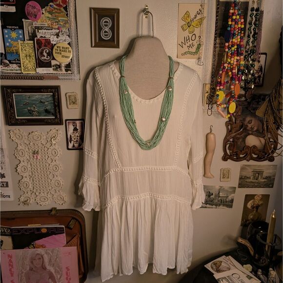 Vintage Tops - Crochet Lace Tunic Mini Dress Women's Small White